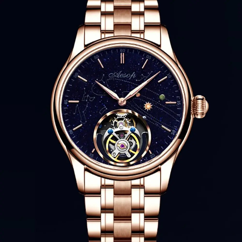 AESOP New Luxury Real Flying Tourbillon Mechanical Sapphire Waterproof Watch- Skeleton Men`s Wristwatches- Stainless Steel