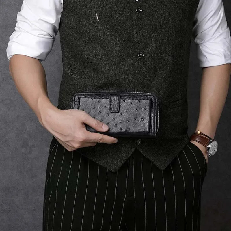 Hongqiangyin Ostrich Leather Long Men`s Wallet