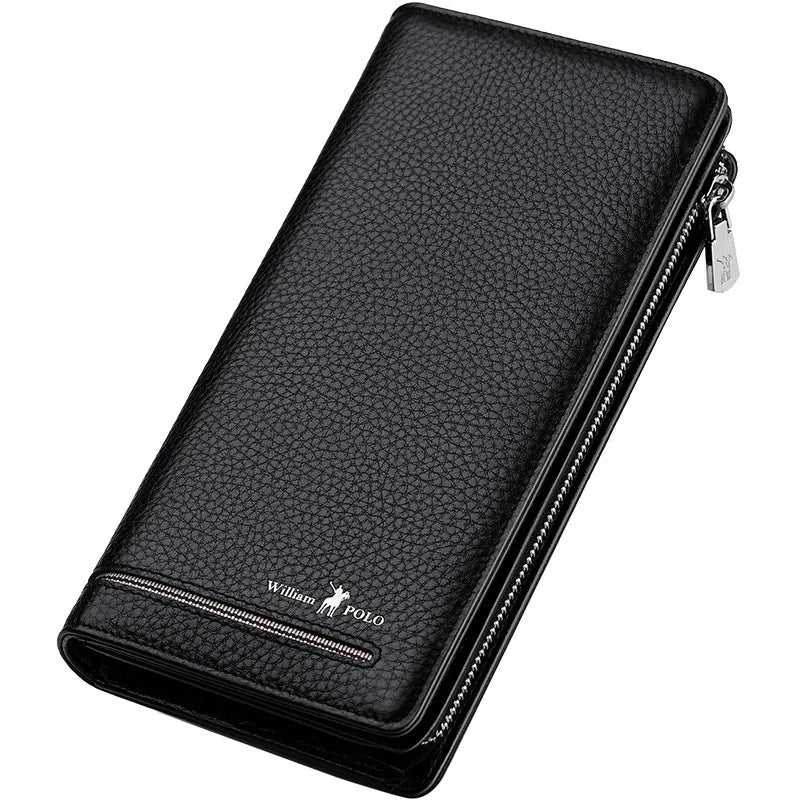 WILLIAMPOLO Men`s Wallet Long Style- High Quality Card Holder Male Purse Zipper Large Capacity Brand Cowhide Leather Wallet