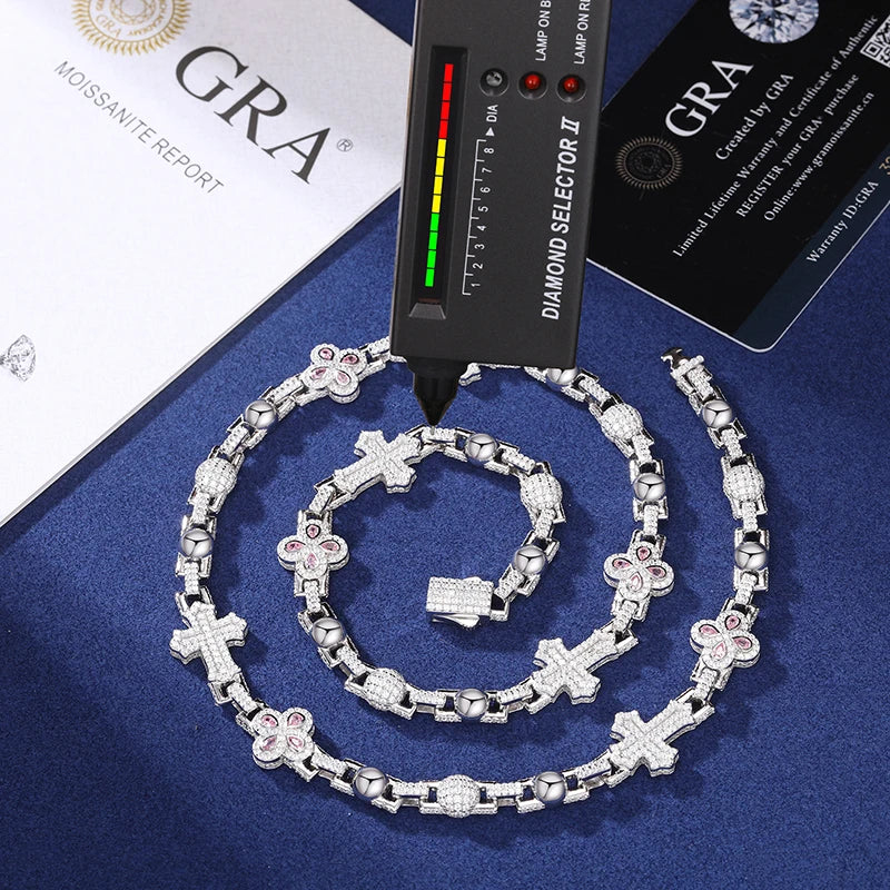 925 Sterling Silver Water Drop Cross Ball Chain Bracelet- Iced Out Luxury Bling Pink CZ Necklace For Men