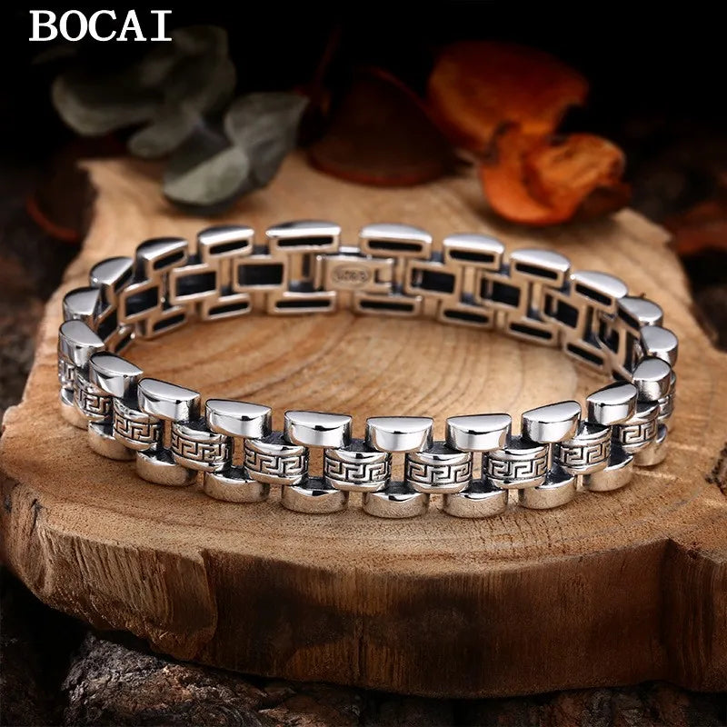 S925 Sterling Silver Bocai Vintage Personality Tank Chain "loop" Pattern Strap Bracelet