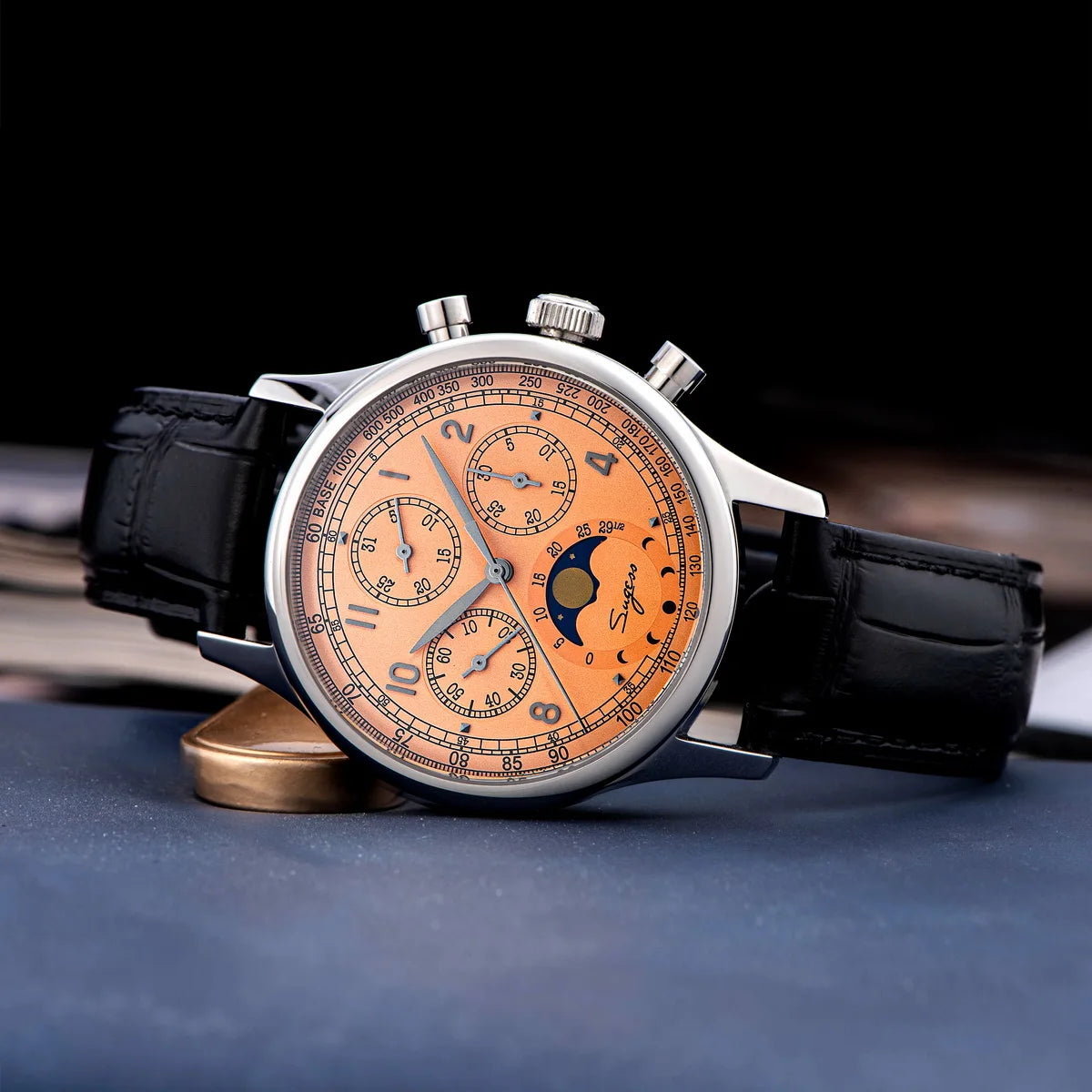 Sugess Watch of Men Chronograph Tianjin ST1908 Swanneck Movement Moon phase Business Mechanical Wristwatches with Sapphire Lens.
