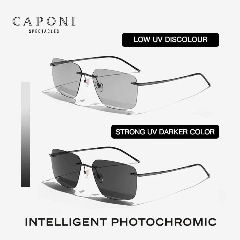 CAPONI Pure Titanium Photochromic Sunglasses- Rimless Polarized Driving Men's Sun Glasses with Ultra Light UV400 Brand Shades BS28923