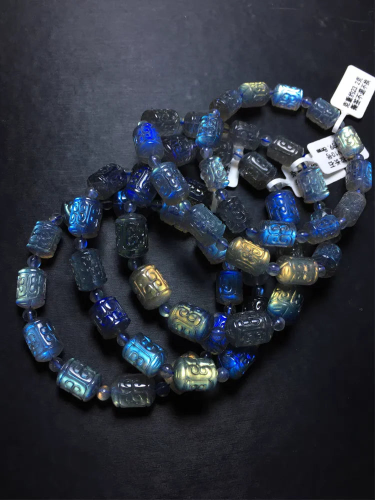 Natural Blue Labradorite Clear Barrel Beads Bracelet 9.5mm for Men- Carved Gemstone Grey Moonstone 9mm 10mm 11mm 12mm AAAAAA