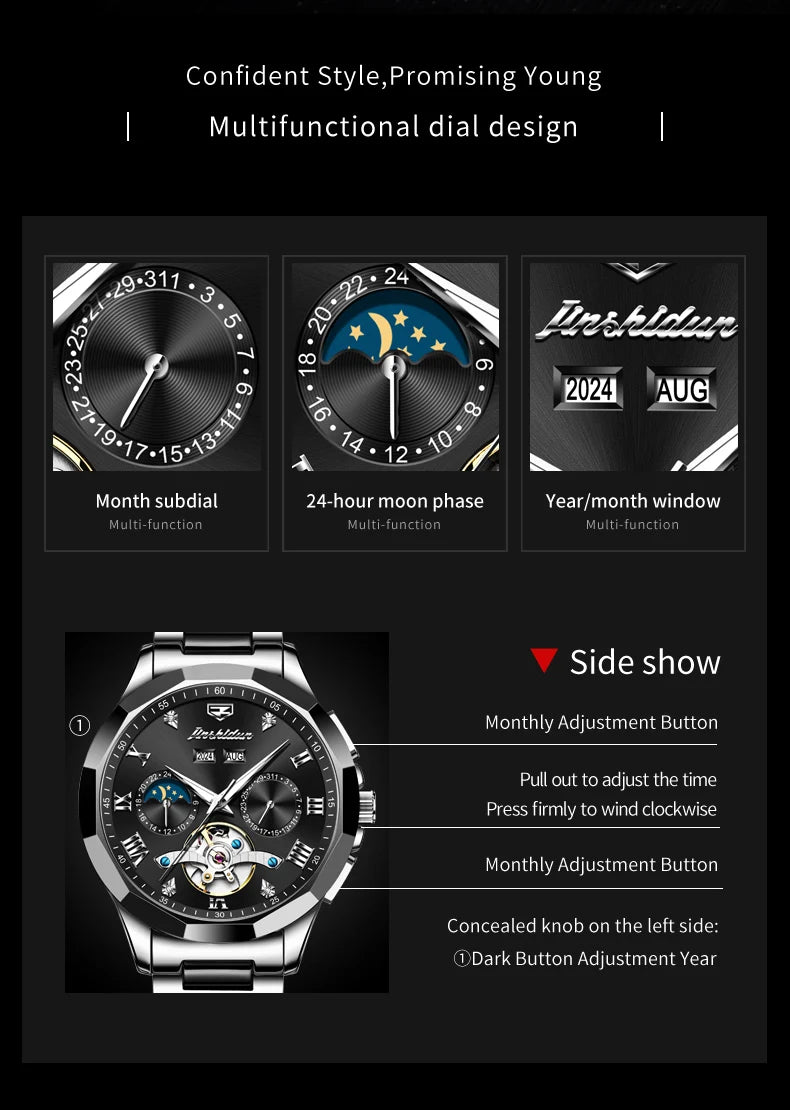 JSDUN 8949 Original Automatic Classic Black Face Hollow Flywheel Calendar Moon Phase Mechanical Wrist Watch for Men