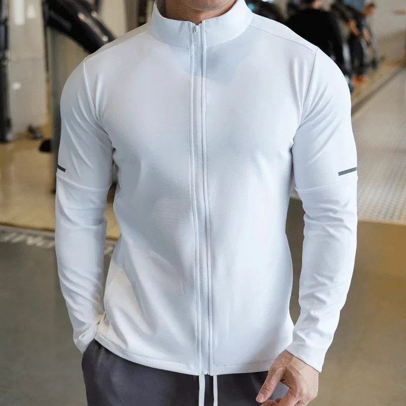 Men's Sports Fitness Casual Tops Long Sleeve Stand Up Collar- Solid Color Jacket Jogging Workout Sweatshirt with Zip Long Sleeves.