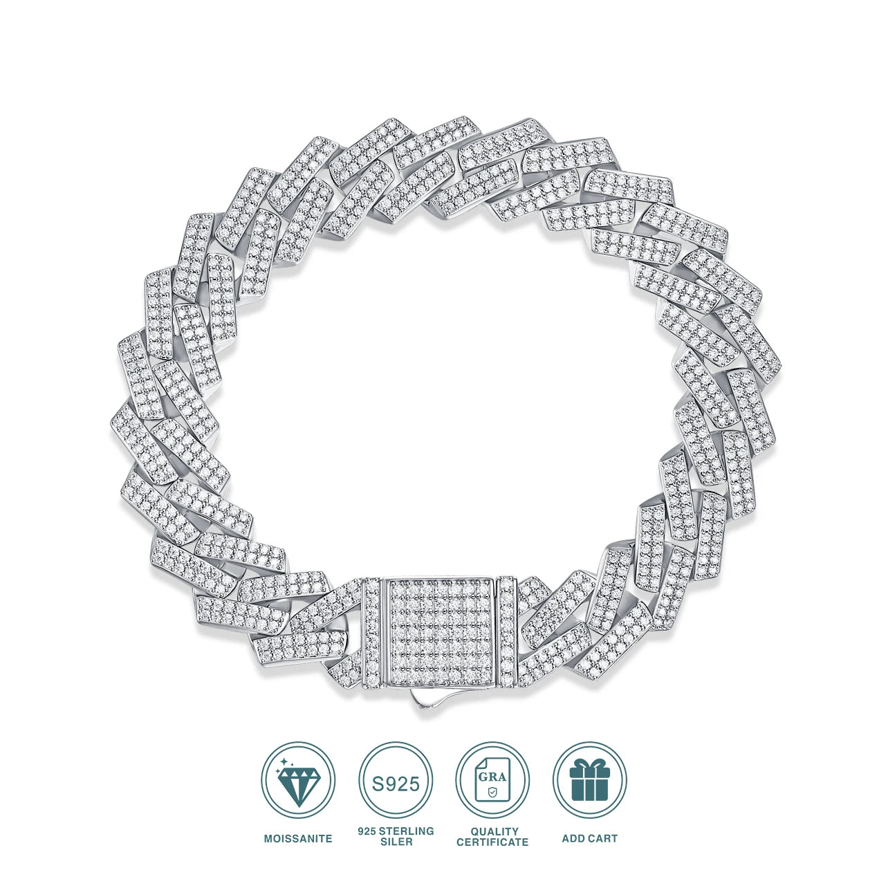 JIUZUAN Iced Out Moissanite Cuban Link Bracelet 925 Sterling Silver 18K Gold Plated Hip Hop Style for Men with GRA Certificate