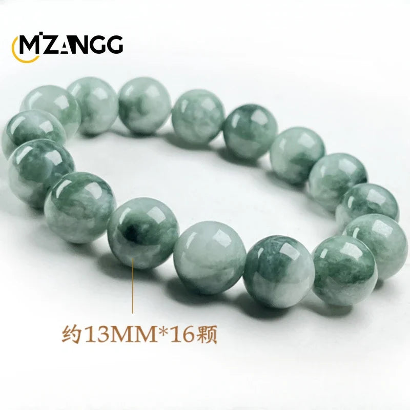 Natural Myanmar Floating Green Flower Jadeite Round Beads String High-Grade Fashion Unisex Bracelet
