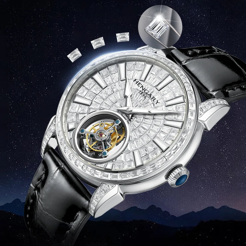 HENGARY Luxury Diamond-Set Tourbillon Gentlemen's Watch- Automatic Movement  Black Calfskin Strap 50m ATM 43mm Dial Zircon