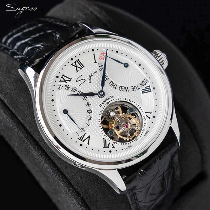 Sugess Tourbillon Men`s Wrist Watches -Mechanical Hand Wind Watch Original 8004 Movement Date Skeleton Functions Crocodile Leather Wristband.